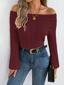 Autumn/Winter Elegant Open Shoulder Cable Knit Flare Sleeve Solid Color Women's Sweater Daily Knit Top - Burgundy - View 6