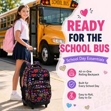 3pcs/Set Girls Colorful Heart & Leopard Print Oxford Fabric Rolling Backpack, Adjustable Shoulder Straps, Zipper Closure, Cute Style, Suitable For School And Daily Outings - Red - View 2