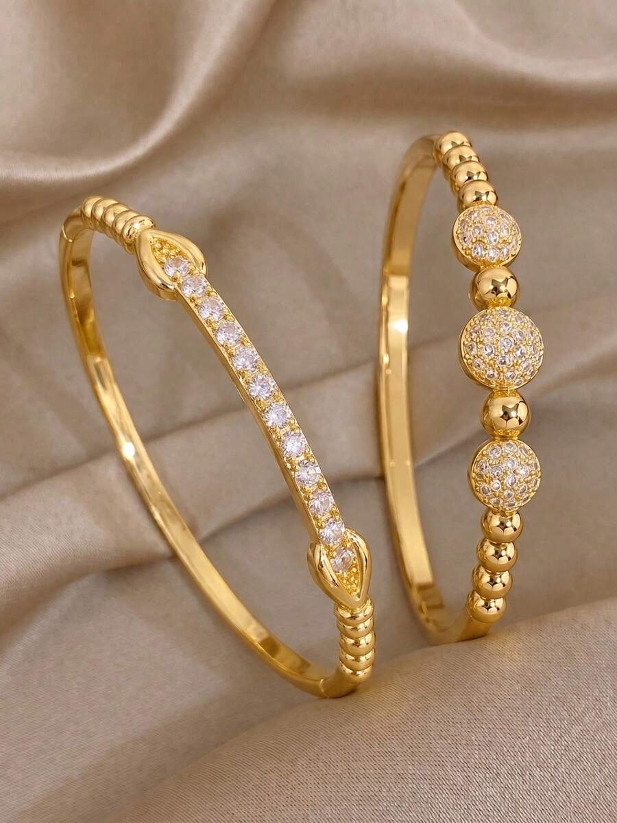 2Pcs Women Gold Stackable Bangle Set, Stainless‑Steel, Clover Hollow & Bead Rhinestone, Hypoallergenic Jewelry For Daily & Party Gift. - Gold - View 1