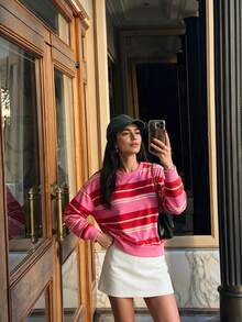 Sweatshirt Wanita Kasual Serbaguna Motif Garis-Garis Blok Warna Musim Gugur/Dingin 2026, Cocok untuk Berbelanja, Bepergian, Kencan, dan Acara Lainnya - Hot Pink - View 4