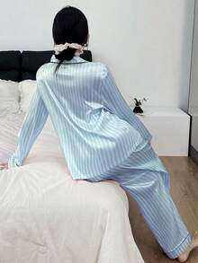 Dreamivo 2件套女士蓝色条纹长袖睡衣套装 - 藍色 - 查看 3