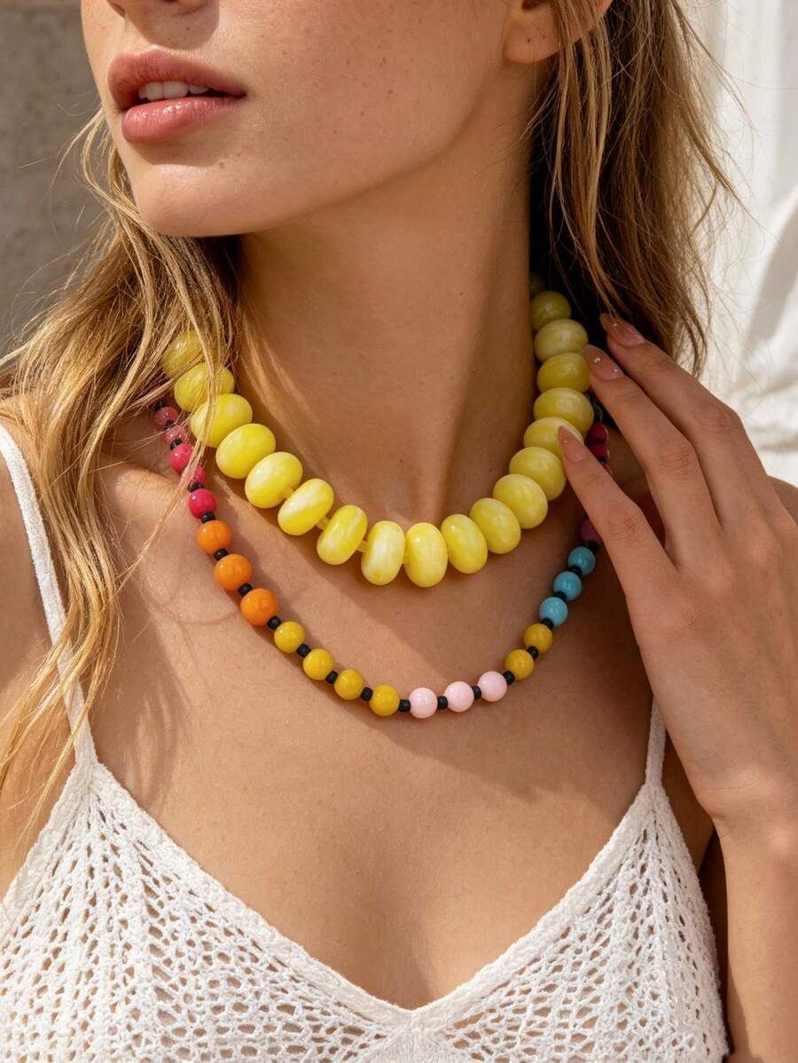 OABE Set Kalung Manik-Manik Dopamin Warna-warni Gaya Bohemian 2pcs/Set, Gaya Berlapis, Cocok untuk Pemakaian Sehari-hari Wanita - MultiWarna - View 1