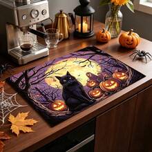 1pc Dish Drying Mat, Coffee Machine Mat, Halloween Black Cat Theme Dish Drying Mat, Vintage Moon Night Ghost Pumpkin Pattern, Suitable For Holiday Tabletop Decoration, Vintage Atmosphere Home Decor, Multi-Purpose Drying Mat, Family Gift, Tabletop Decoration - XYLSD-998 - View 4