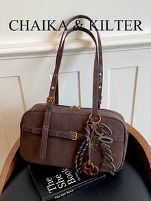 CHAIKA & KILTER 1件裝純色麂皮布料女款復古時尚啞光保齡球包，對比色絎縫線條，雙手柄設計，拉鍊開合，適合日常與街頭使用（附吊飾） - 咖啡 - 查看 7