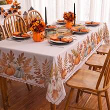 1pc Thanksgiving Autumn Pumpkin & Maple Leaf Print Rectangular Tablecloth, Suitable For Holiday, Party, Birthday, Dinner, Restaurant Table Decor, Autumn/Winter Home Decoration - Multicolor - View 3