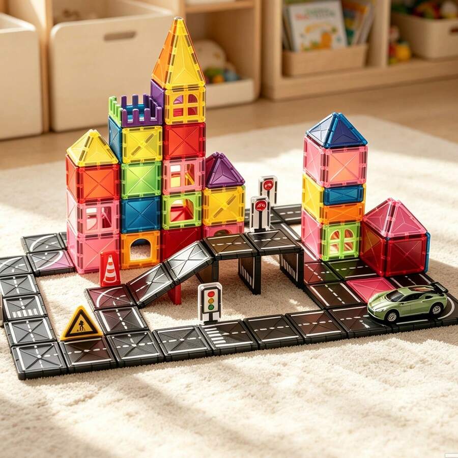 Magnetic Blocks Highway Set Magnet Building Blocks Magnetic 3D Blocks Construction Playboards, Creativity Beyond Imagination, Inspirational, Recreational, Educational Conventional(Suitable For Ages 3+) - 彩色 - 查看 1