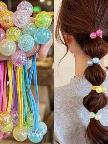 12pcs Candy Color Round Ball Elastic Hair Ties With Glitter Iridescent Beads, Colorful Candy Bead Ponytail Hair Ropes, Sweet Daily School Hair Accessories, Birthday, Holiday Party Gift - Multicolor - View 1