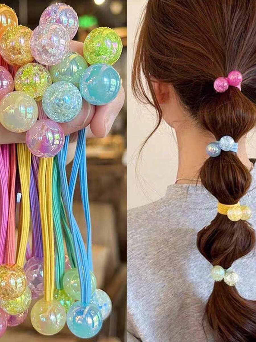 12pcs Candy Color Round Ball Elastic Hair Ties With Glitter Iridescent Beads, Colorful Candy Bead Ponytail Hair Ropes, Sweet Daily School Hair Accessories, Birthday, Holiday Party Gift - Multicolor - View 1