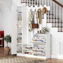 135*25*180cm Mirrored Wardrobe Set, Hallway Wardrobe, Hanging Shelf, Compact Wardrobe, With 2 Lower Drop-Down Shoe Cabinets + 2 Storage Cabinets, Suitable For Doorways, Hallways, White - White - View 8