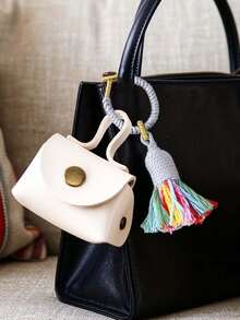 Tassel Decor Mini PU Coin Purse,Portable Keychain Pouch,Earphone Cable Storage Bag,Braided Lanyard Accessory,Boho Small Bag Charm For Handbag,Keys - Multicolor - View 9