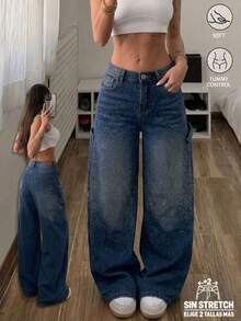 Pantalones Anchos Largos Curvos de Cintura Media para Mujer, Mezclilla Lavada, Diseños con Pedrería y Bolsillos Cargo, Estilo Chica Urbana - Azul oscuro - Ver 1