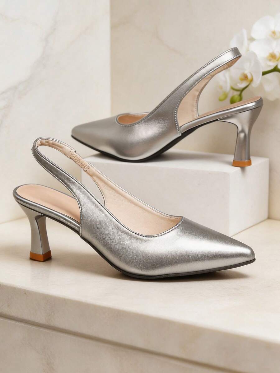 Silver Pointed Toe High Heel Sandals, Solid Color PU Patchwork, Elastic Back Strap, Thin Heel Design, Luxury Fashionable Girls Shoes, Autumn School Versatile Shoes, Suitable For Daily, Travel, Party, Commute And Outings