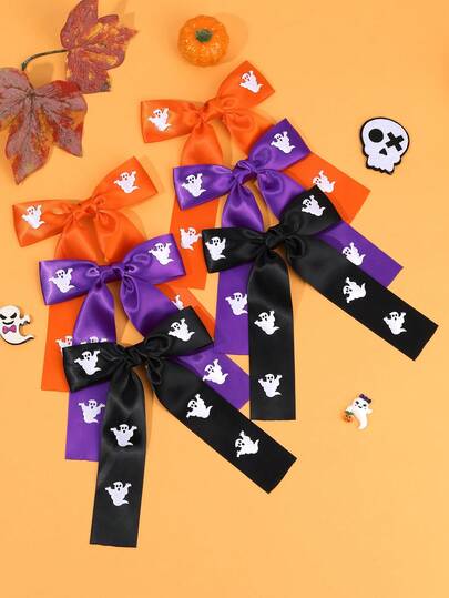 6Pcs Halloween Ghost Print Satin Bow Hair Clips, Flower Girl Party Barrettes, Girls Hair Accessories, Hair Accessories For Kids