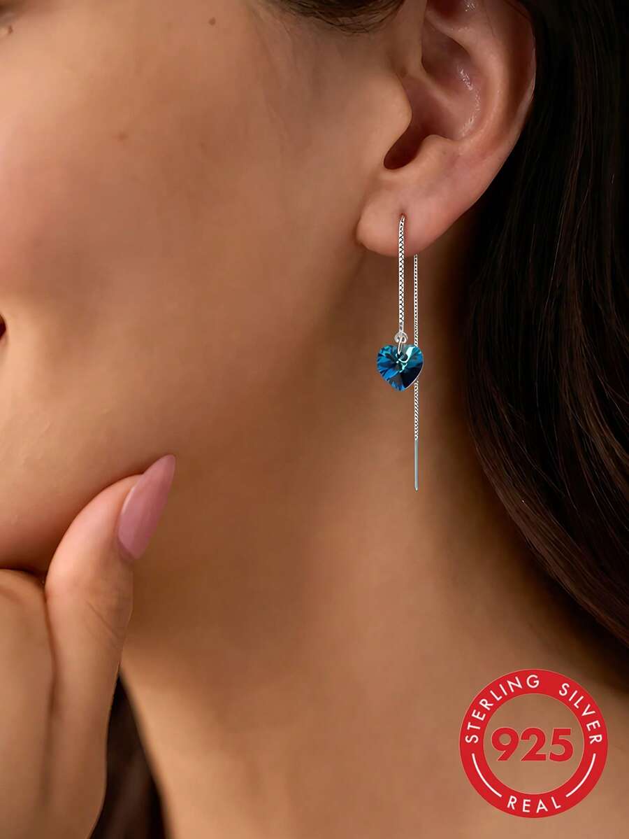 1 Pair S925 Sterling Silver Minimalist Luxury Cool Tone Ins Blue Heart Long Earline French Fashion Gentle Atmosphere Elegant Niche Design Ocean Heart Tassel Heart-Shaped Women's Earrings Fresh Elegant Personality High-End Party Versatile Accessory Gift - Love - View 1