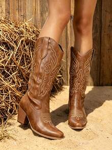 Western Cowboy Boots 2026 New American Retro Bohemian Western Style Fashion Square Toe Embroidered Chunky High Heel Slip-On Mid-Calf, Cowgirl Boots - Brown - View 1