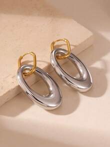 GEREIT 2pcs 18k Gold Plated Stainless Steel Dual-Tone Hollow Oval Open Hoop Earrings - Multicolor 1 - View 6