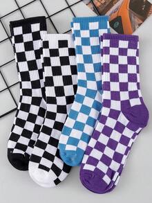 5/10 Pairs Men's Mid-Calf Socks, Colorful Checkerboard Pattern Street Style Unisex Comfortable Versatile Fashion Socks - Multicolor - View 5