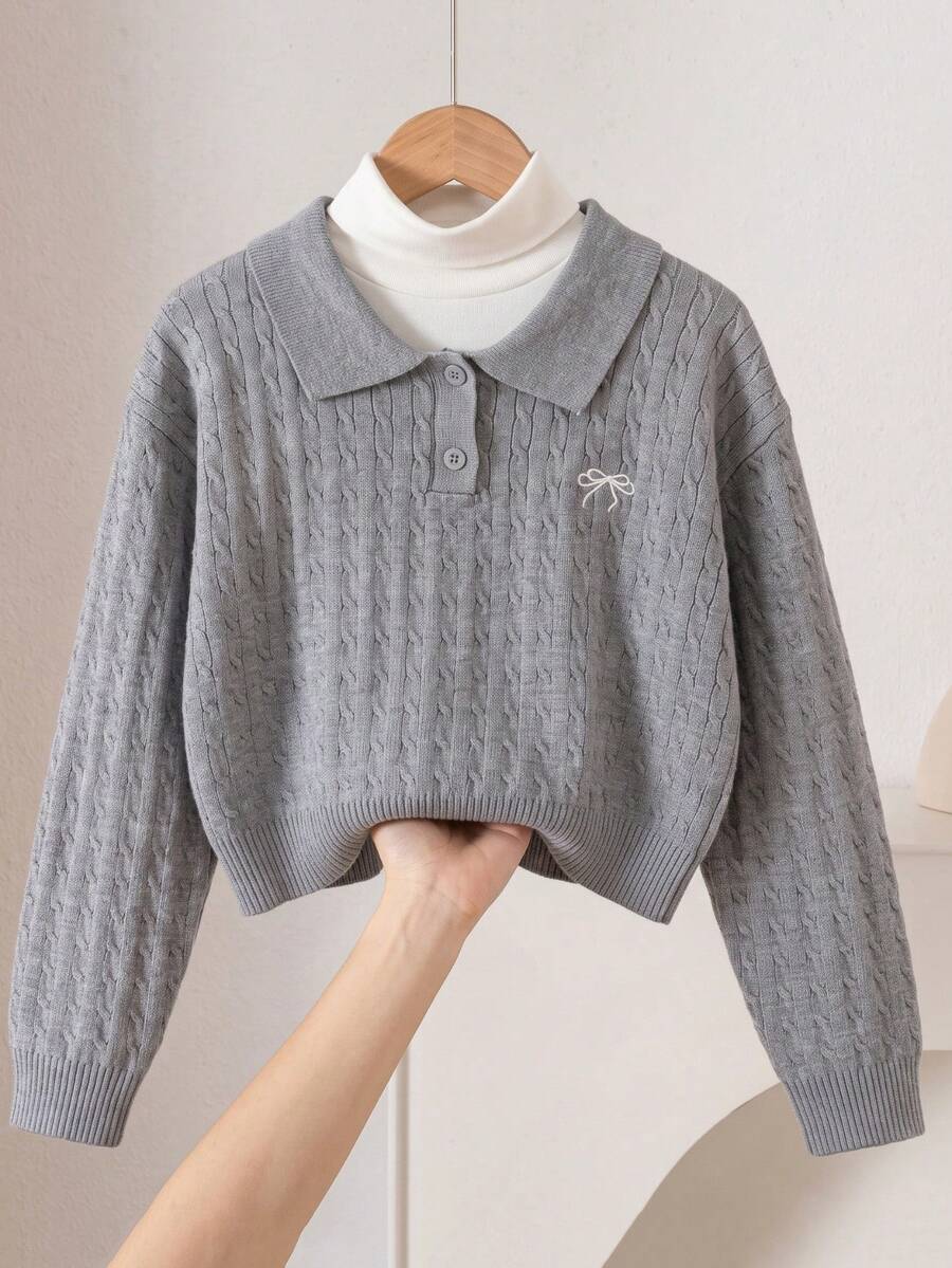 Girls' Sweet Preppy Style Solid Color Cable Knit Bow Embroidery Turn-Down Collar Long Sleeve Cropped Sweater Knit Top POLO Neck Pullover Suitable For Daily Casual Campus Spring Autumn Winter - Grey - View 1