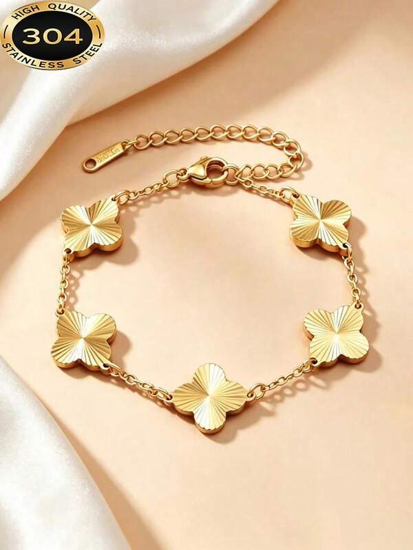 Women's Luxury Gold-Plated Four-Leaf Clover Chain Bracelet, Radial Laser-Cut Flower Design, Adjustable Clasp