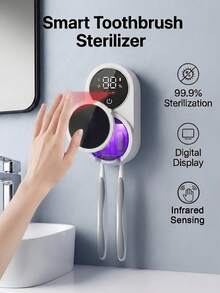 FIYIBAN 1pc Smart UV Toothbrush Sanitizer & Holder, Wall-Mounted Automatic Dust-Proof Cover With Digital Display, Type-C Rechargeable Disinfection Box, Holds 2 Toothbrushes, Bathroom Storage - White - View 1