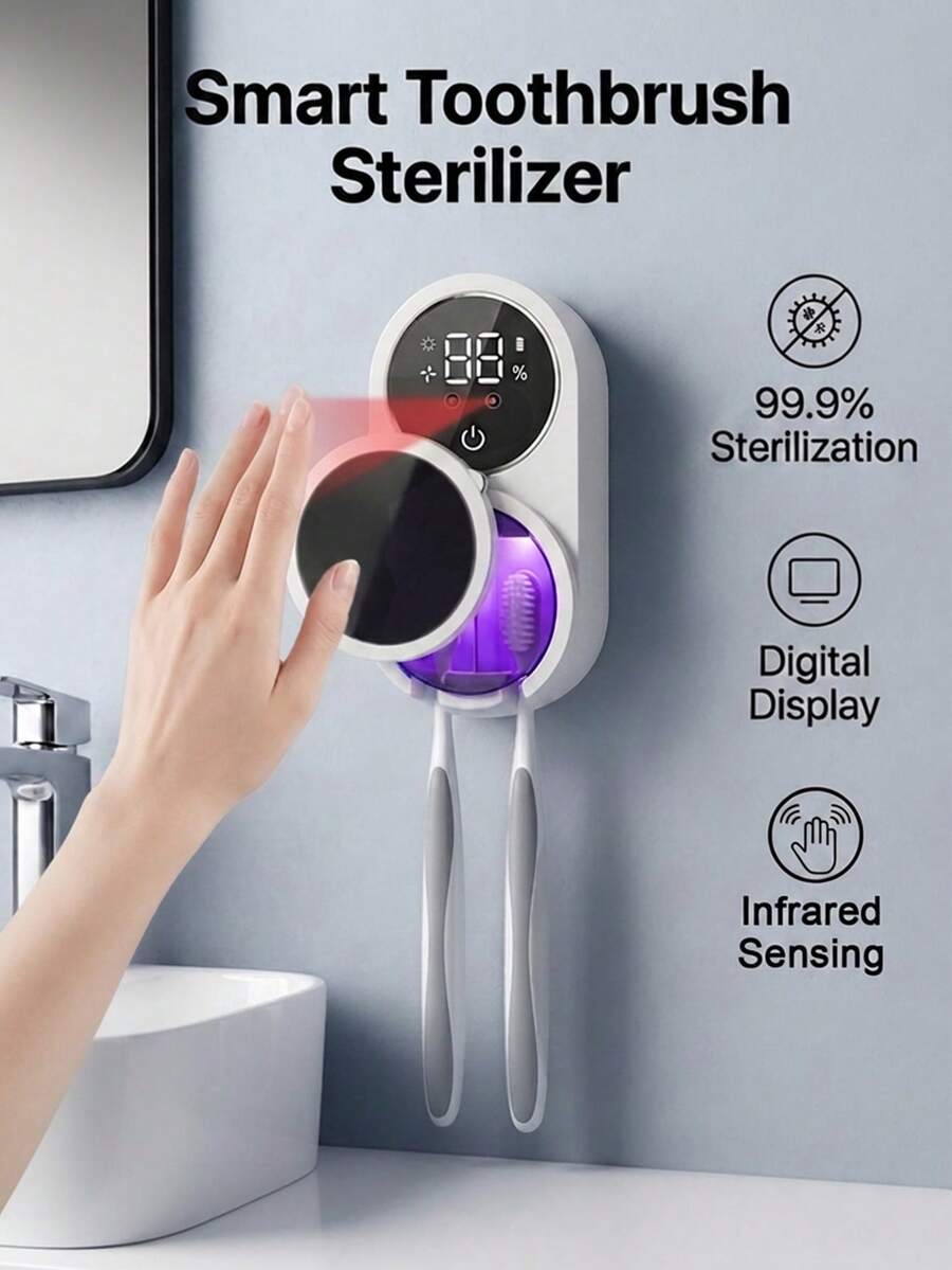 FIYIBAN 1pc Smart UV Toothbrush Sanitizer & Holder, Wall-Mounted Automatic Dust-Proof Cover With Digital Display, Type-C Rechargeable Disinfection Box, Holds 2 Toothbrushes, Bathroom Storage - White - View 1