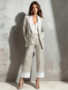 Urban Elegant Lace Patchwork Striped Long Sleeve Blazer With Pockets And Lining, And Casual Long Pants With Elastic Waistband, Suitable For Daily Commute, Office, Party, Holiday, Campus And Other Occasions - Apricot - View 8