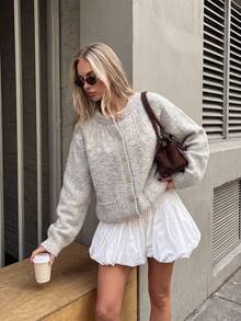 Women's Cute Comfortable Plush Knit Cardigan, Button Front Long Sleeve Sweater, Suitable For Halloween, Thanksgiving And Christmas Dates Fall - Grey - View 5