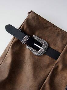 Women Brown Faux Suede Low Rise Shorts, Front Lace Up With Western Buckle Strap Decor Slim Mini Hot Pants - Coffee Brown - View 7