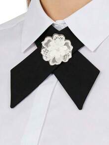 Solid Color Cross-Neck Bow Tie, Versatile Minimalist Floral Necktie - Black + Floral - View 2