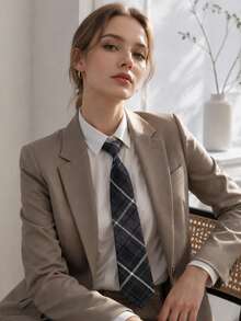 1套格紋領結領帶套組，預綁式可調節JK制服領結，復古校園風女款襯衫配件 - 彩色 - 查看 3
