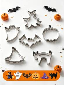 4/5/6Pcs Halloween Themed Cookie Cutter Set, Stainless Steel Biscuit Cutting Molds, Pumpkin Ghost Bat Witch Hat Cat, DIY Kitchen Baking Gadgets For Halloween Party Decor - View 1
