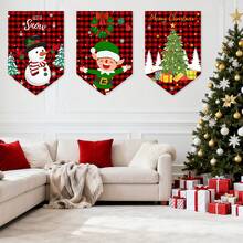 Christmas Curtain Banner , Christmas Snowman And Elk,Elf,Nutcracker & Red Buffalo Plaid Christmas Pattern Triangle Flags, Holiday Home Party Window Wall Decor, Holiday Atmosphere Props,Party Props, Party Favors,Christmas Decorations - Multicolor-a - View 10