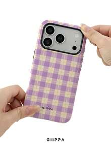 GIIPPA 1pc Cream Yellow Base With Light Purple Plaid Pattern Design, Phone 17 Pro Max Phone Case, Compatible With Phone 16 Pro Max, 15 Pro Max, 14 Pro Max, Korean-Style High-End Fashionable And Fun Phone Case, Compatible With 11/12/13/14/15/16 Pro Max Plus, Elegant Design Suitable For Men And Women, Perfect Gift For Girlfriend On Christmas, Valentine's Day, Easter, Wedding Season And Birthday! - Mauve Purple - View 6