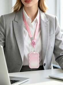 Cute Wavy Edge Gradient Transparent ID Card Holder With Lanyard, Ins Minimalist Soft Silicone Card Sleeve, With Shiny Rhinestone Round Retractable Badge Reel And Detachable Halter, Card Storage Box, Anti-Loss Lanyard,Travel Essential - Multicolor - View 3