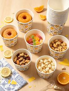 Lemon & Tile Pattern Ice Cream Cups, Mediterranean Floral Design, Disposable Dessert Bowls, Suitable For Cold Drinks, Frozen Yogurt, Ice Cream, Pudding And Snacks, Perfect For Adult Summer Vacation Parties, Wedding Catering, Food Market Vendors And Snack Service - Multicolor - View 5