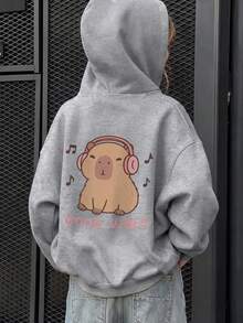 1 st ljusgrå hoodie för tweenflickor med healing music- och kapybara-tryck, GOOD VIBES, mjuk och söt, unisex, för baby, vår och höst, casual - Grå - Visa 1