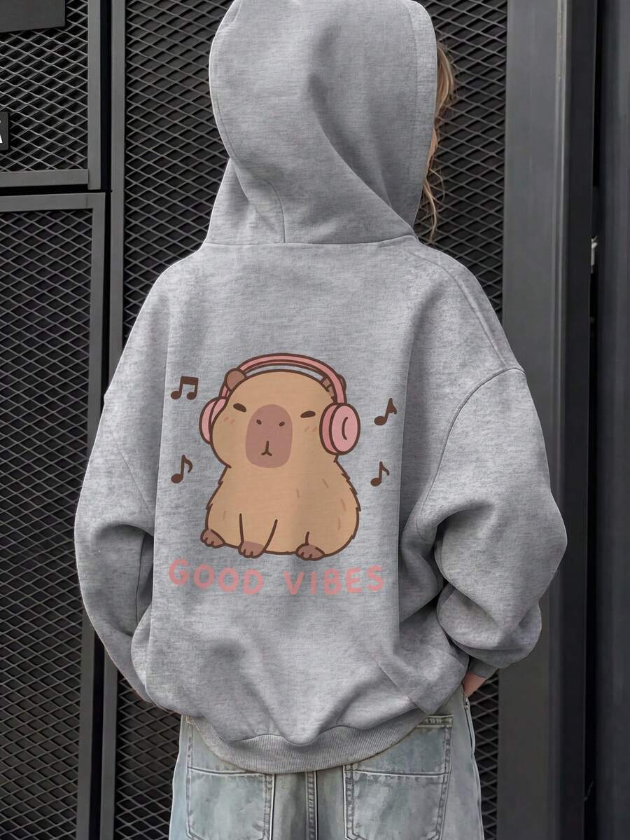 1 st ljusgrå hoodie för tweenflickor med healing music- och kapybara-tryck, GOOD VIBES, mjuk och söt, unisex, för baby, vår och höst, casual - Grå - Visa 1
