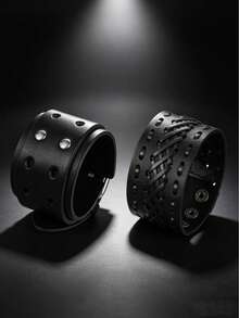 2pcs Sports Fashion PU Leather Sports Bracelet, Suitable For Men's Casual Sports Wear, Exquisite Bracelet Gift For Men - Black - View 1
