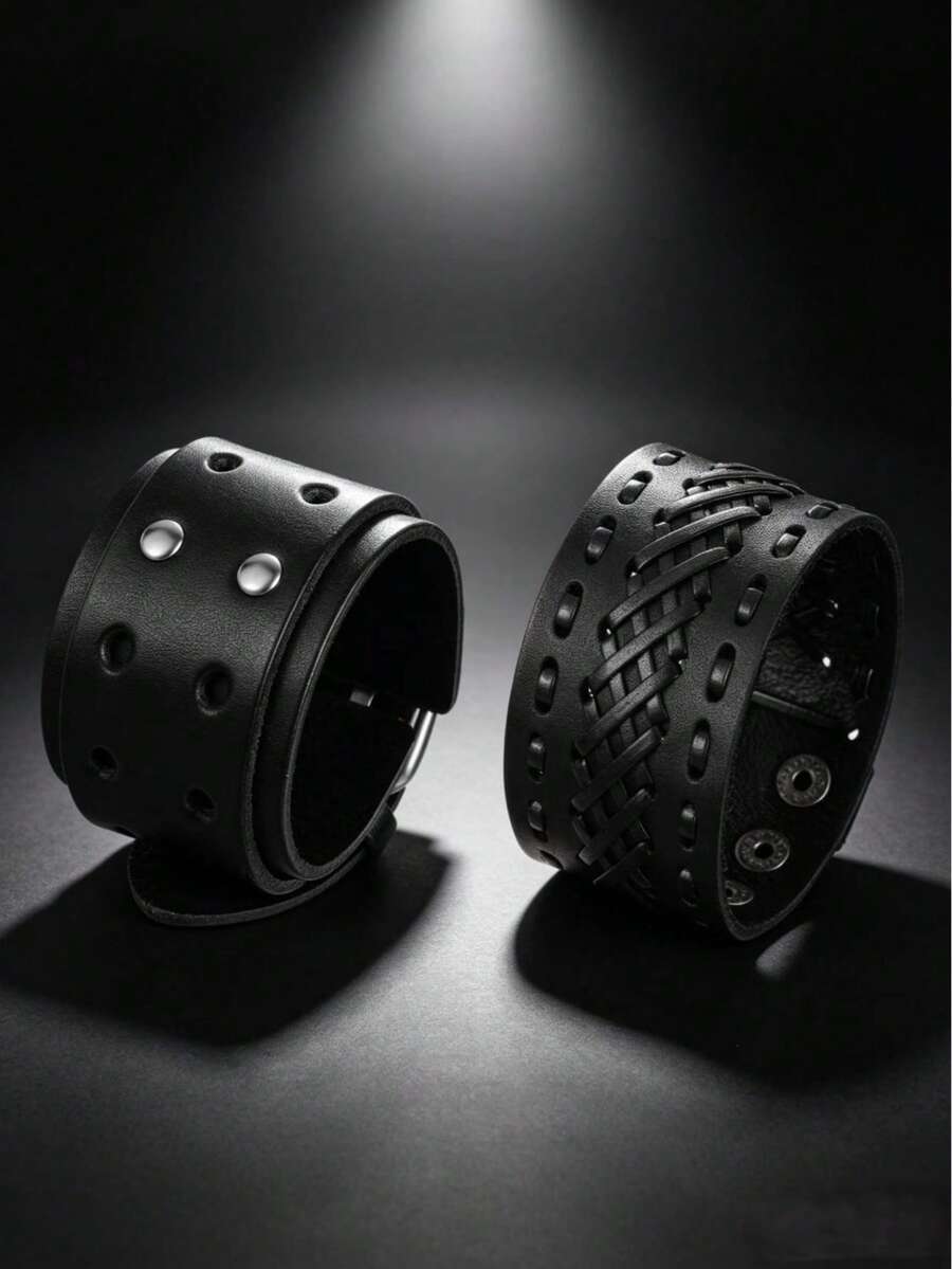 2pcs Sports Fashion PU Leather Sports Bracelet, Suitable For Men's Casual Sports Wear, Exquisite Bracelet Gift For Men - Black - View 1