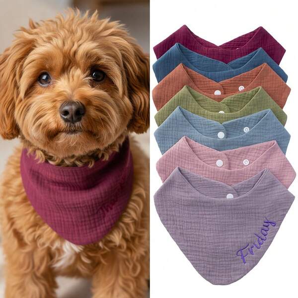 7PCS European And American Style Solid Color Breathable Comfortable Dog Scarves With Embroidery And Snap Buttons, Pet Triangle Bandanas 7-Piece Set, One For Each Day Of The Week