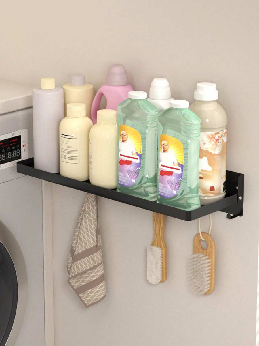 Wall-Mounted Laundry Storage Rack With Hooks, Heavy-Duty Metal Shelf, Bathroom Balcony Wall Storage Rack, Washing Machine Dryer Side Detergent Bottle Storage Rack, Bathroom Organizer - Multicolor - View 1