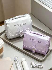 1PC Modern Minimalist Ins‑Style Nylon Rectangular Hanging Cosmetic Bag, Letter Print Buckle Closure, Hand‑Carry Hanging Multi‑Compartment Large‑Capacity Makeup Toiletry Organizer For Daily Home Use, Holidays, All‑Season Outings Perfect Gift Choice - Multicolor - View 9