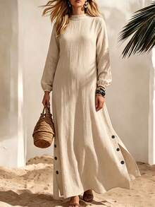 Apricot Maternity Maxi Dress - Non-Stretch Long Sleeve With Small Stand Collar And Side Button Design, Suitable For Baby Baptism, Photoshoot And Daily Wear - Apricot - View 9