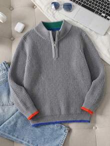 Sweater Rajut Pullover Setengah Resleting Gaya Preppy untuk Anak Laki-laki, Cocok untuk Pakaian Sekolah Sehari-hari di Musim Semi, Gugur, dan Dingin - Grey - View 2