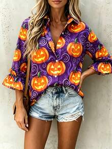 Women's Long Sleeve Shirt With Halloween Pumpkin Pattern, Vintage Fashion Style, With Button Details, Suitable For Autumn Wear - Violet Purple - View 2