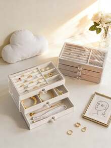 1pc, Luxury Acrylic Multi-Layer Jewelry Storage Box, Dust-Proof Transparent Lid With Velvet Compartments, Home Vanity Organizer For Earrings, Rings, Necklaces - Multicolor - View 3