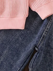 Baby Girl Pink 3D Strawberry Waffle Knit Short Sweatshirt & Bud Waist Wide Leg Denim Jeans 2-Piece Set, Soft Textured Top, Spring/Autumn Casual Versatile Outfit - Pink - View 7