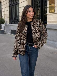 Jaket Musim Dingin Wanita SHIBASHAN Vintage Ringan Motif Leopard Berlapis dengan Kantong, Lengan Panjang, Leher Bulat - Macan Tutul - View 3