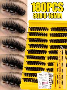 180piece 80D Dcurl DIY Lash Cluster Set, Mixed 8-16mm, Thick, Fluffy Clusters Include Essential Tools: Lash Adhesive And Tweezers. Perfect For Home Or On The Go Use, Suitable For Daily Life, Weddings, Dates, Parties And Travel. - Black - View 2