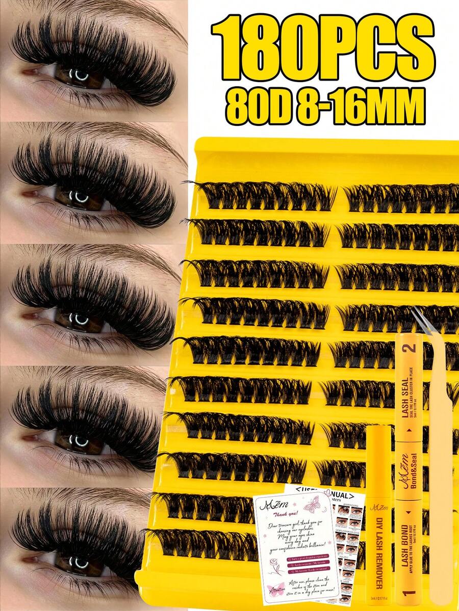 180piece 80D Dcurl DIY Lash Cluster Set, Mixed 8-16mm, Thick, Fluffy Clusters Include Essential Tools: Lash Adhesive And Tweezers. Perfect For Home Or On The Go Use, Suitable For Daily Life, Weddings, Dates, Parties And Travel.